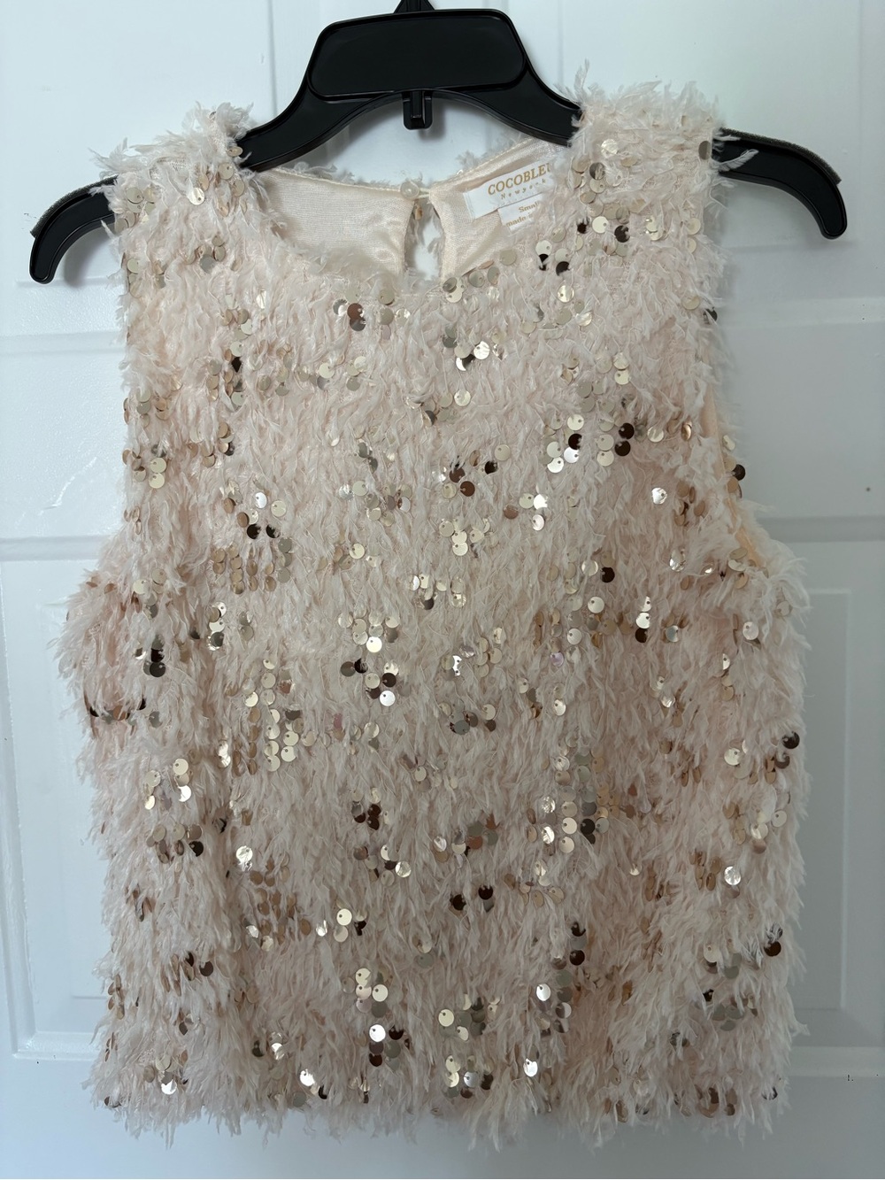 Cocobelle Blush Sequin Faux-Fur Sleeveless Tank
